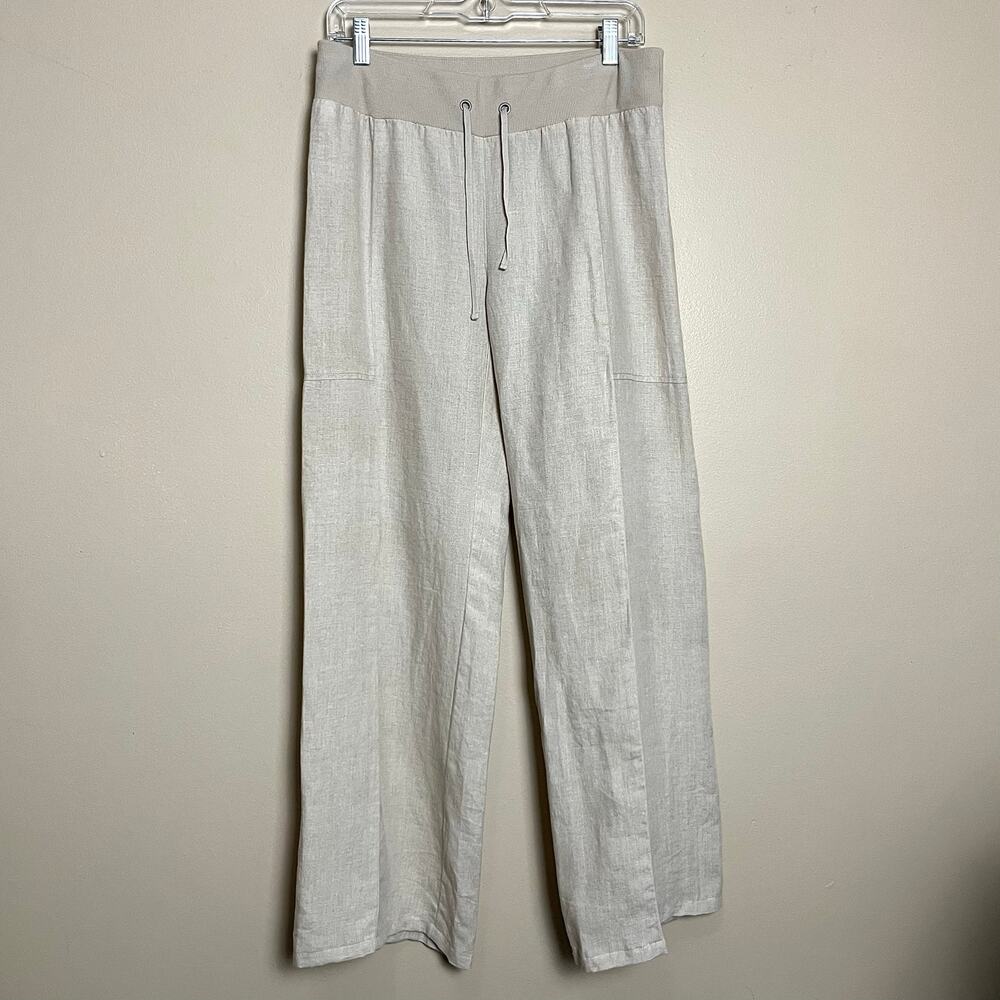 Eileen Fisher Linen Wide Leg Elastic Waist Pants Tan Small